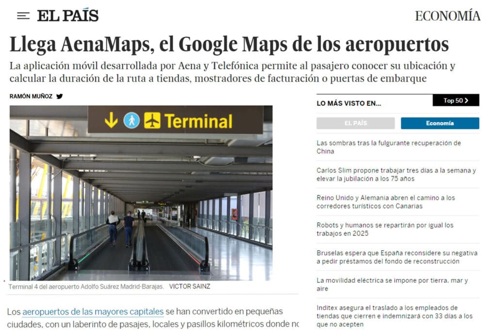 Posicionamiento en interiores de Situm en AENA Maps, noticia en El País.